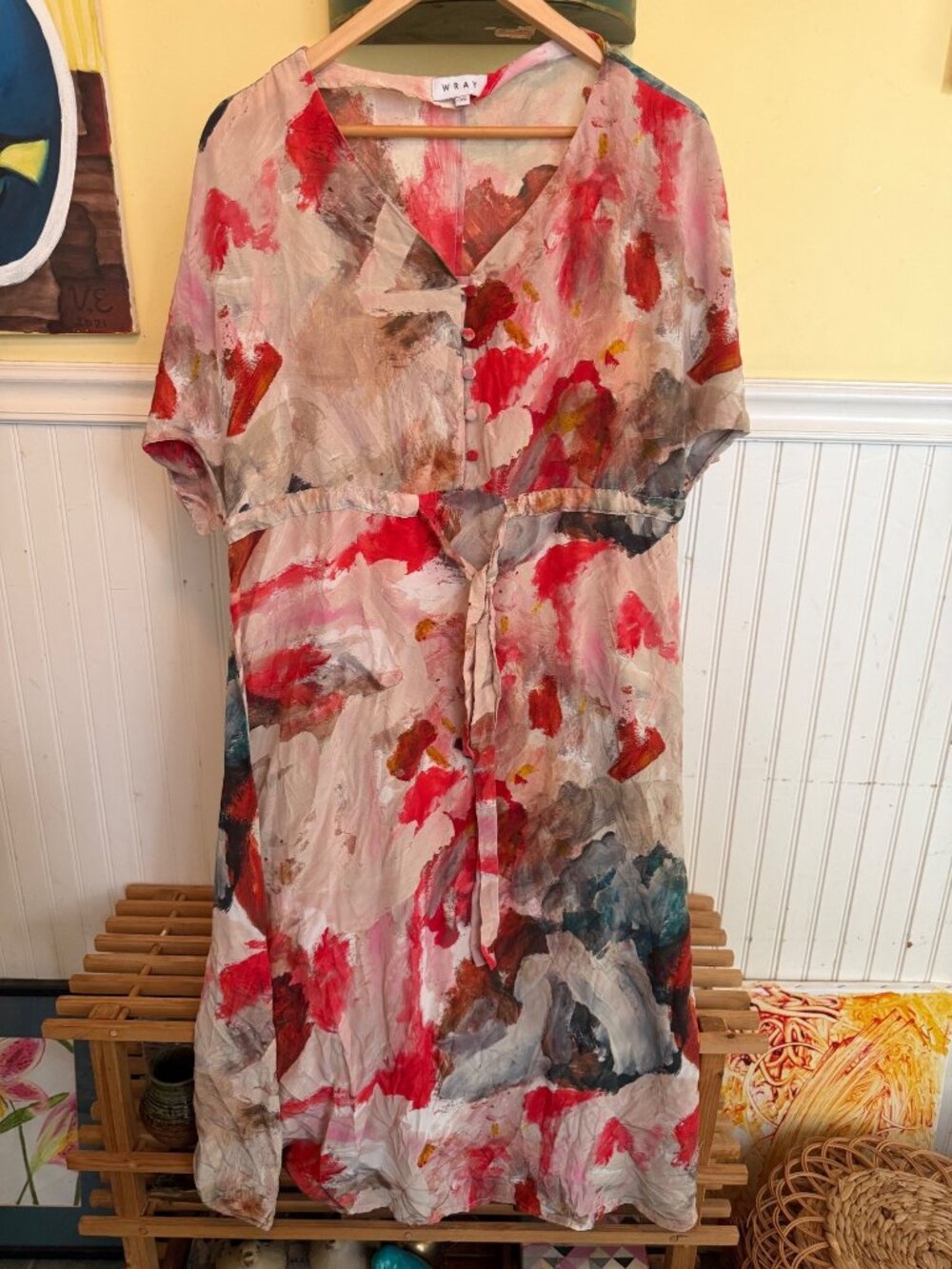 Abstract Print Midi Dress With Button Front & Waist Tie By Wray XS